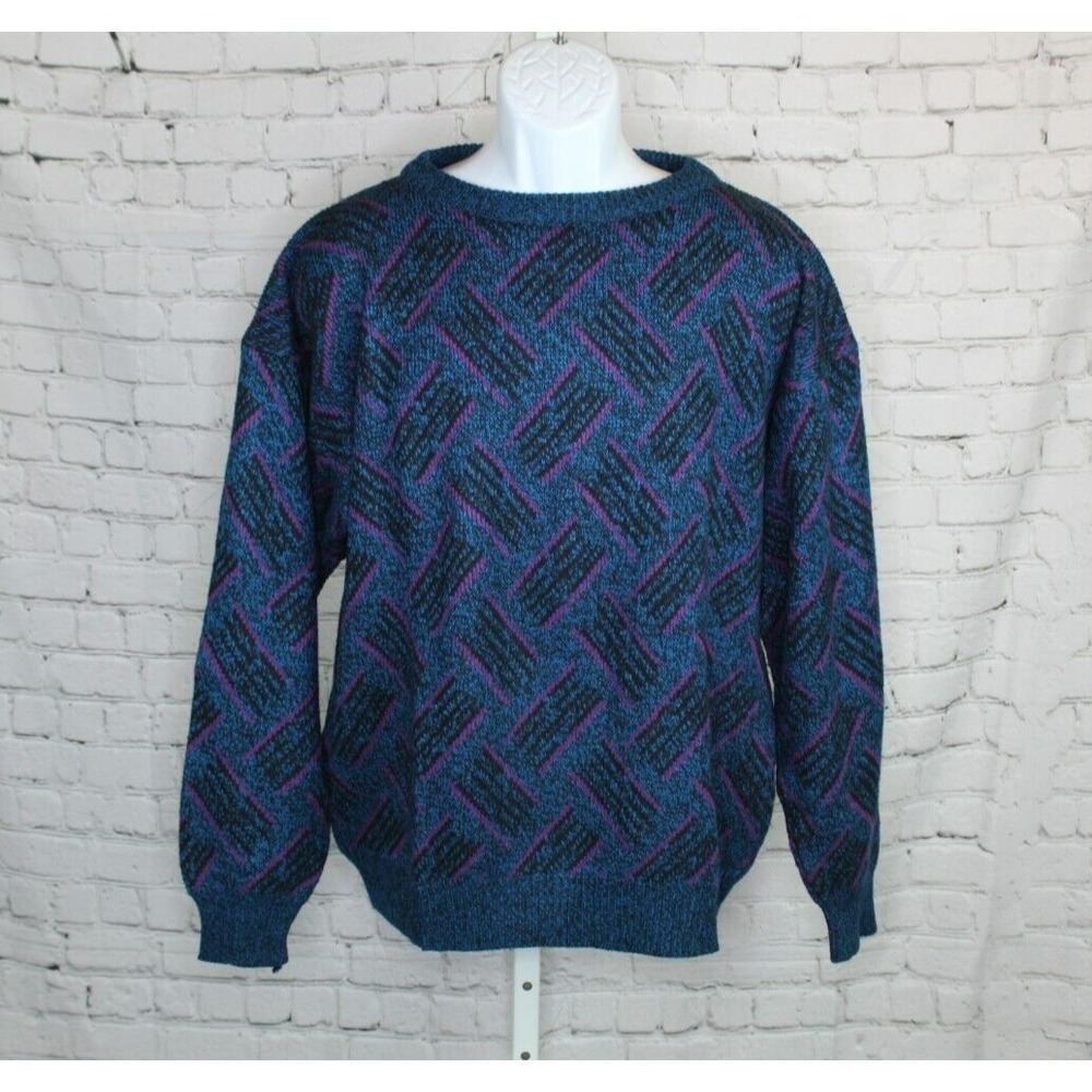 Vintage Zeppelin Sweater Men's XL Pullover Acrylic Retro Abstract 80s 90s Blue